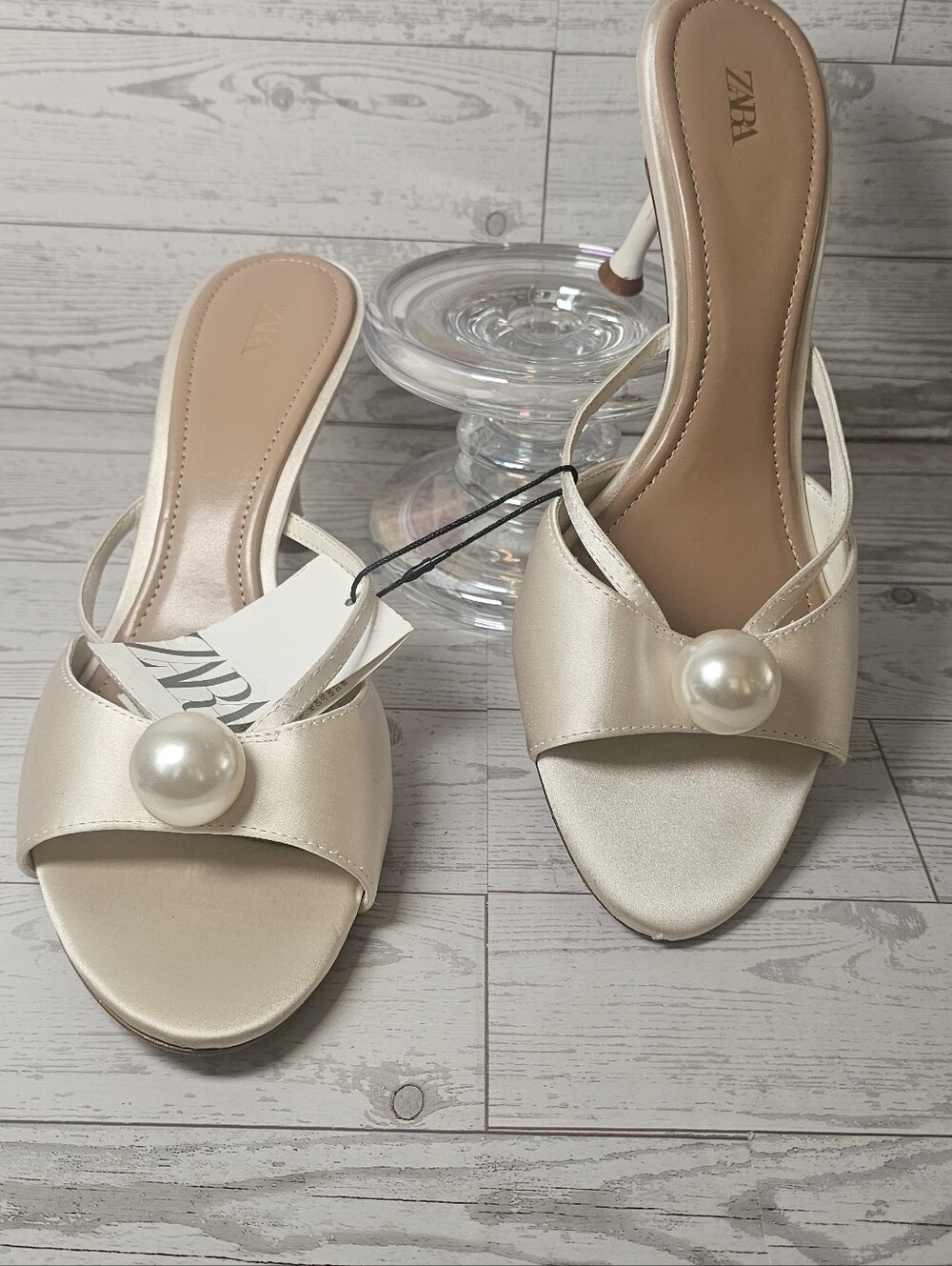 ZARA Pearl Satin Heeled Mules Cream Off White Size 8 EUR 39 NWT